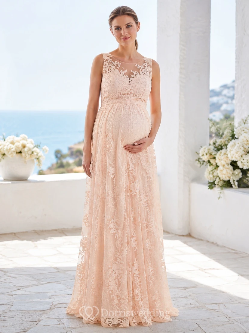 Robe de maternité empire sans manches à col rond en dentelle rose poudré et col bijou