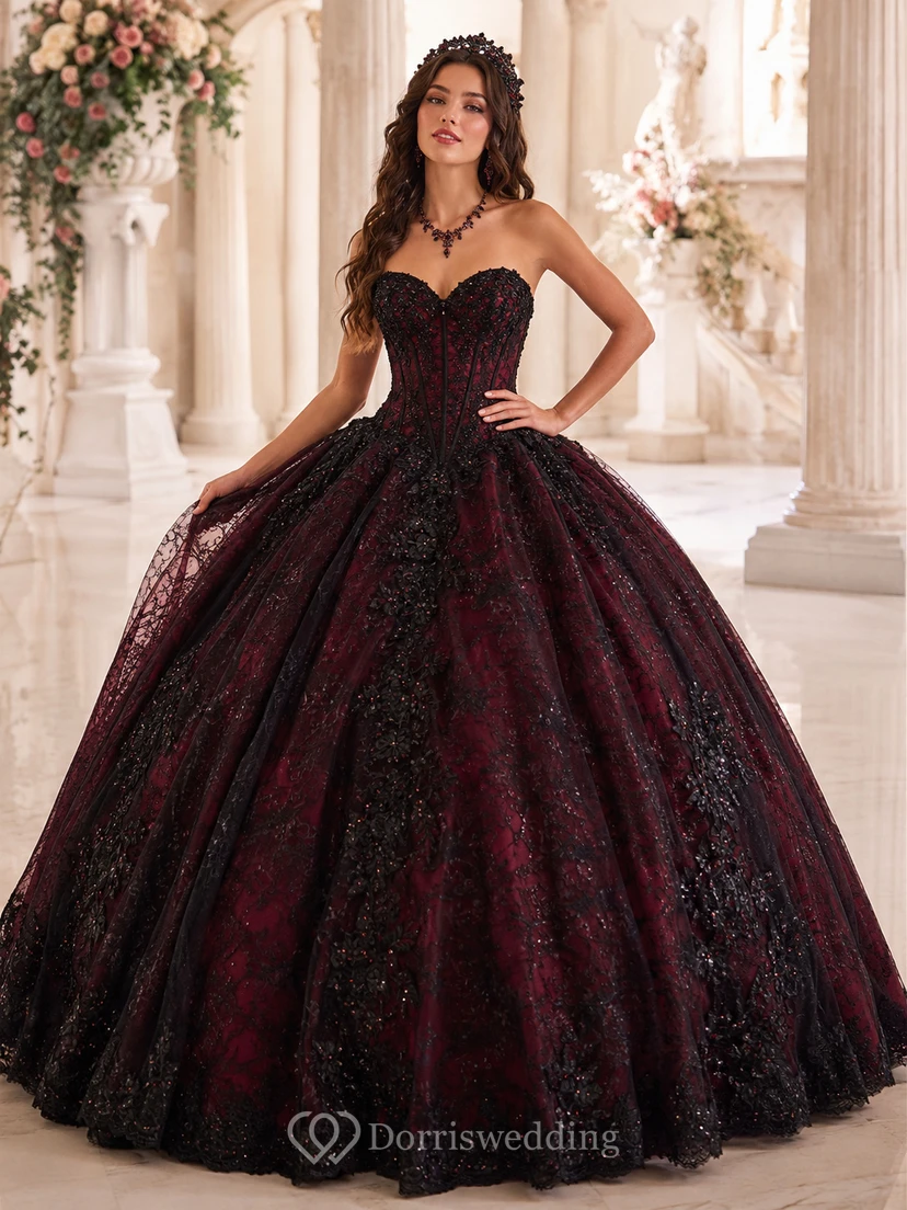 Robe de bal de princesse bordeaux noir sombre, bustier cœur en dentelle, style romance sombre, pour quinceañera.