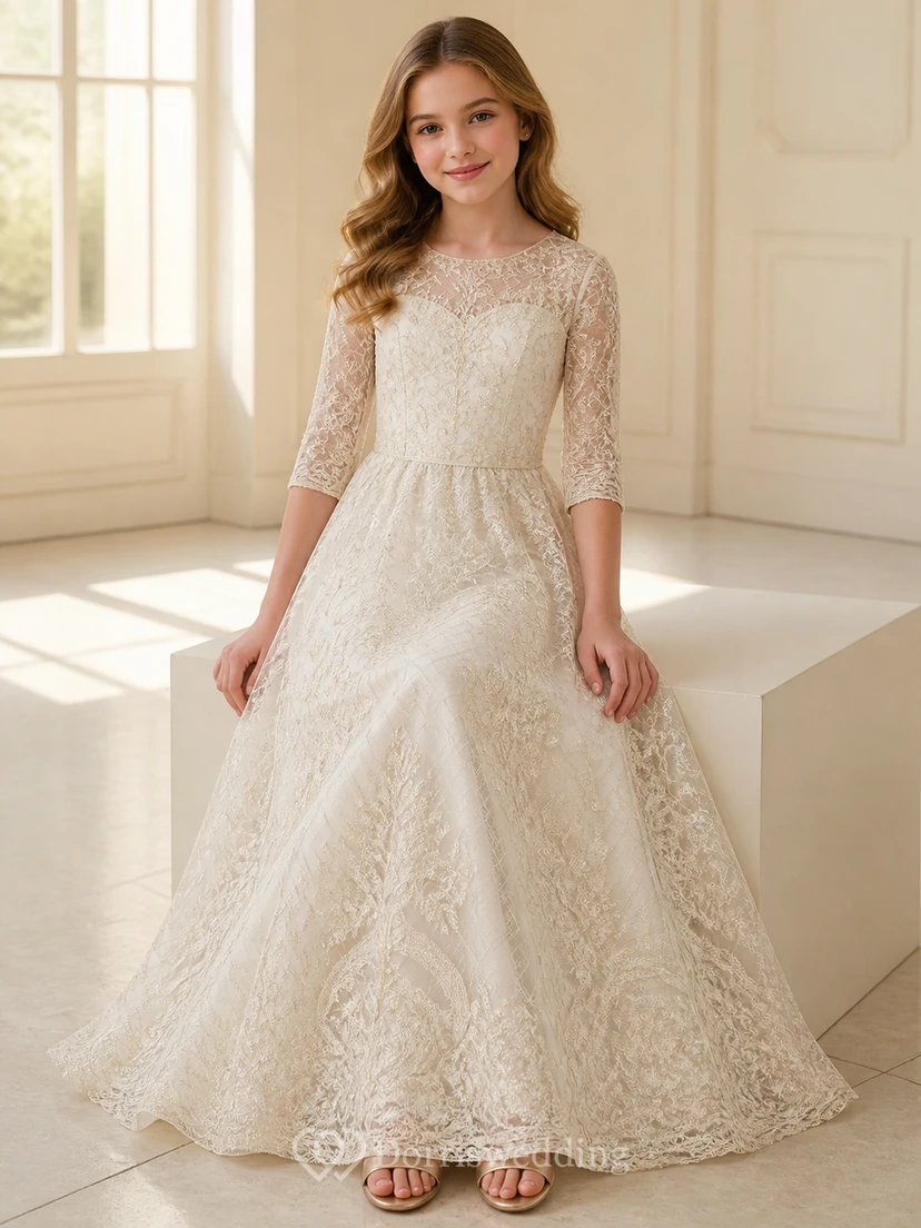Vestido de novia vintage de encaje con escote redondo y mangas tres cuartos, corte en A, modesto.