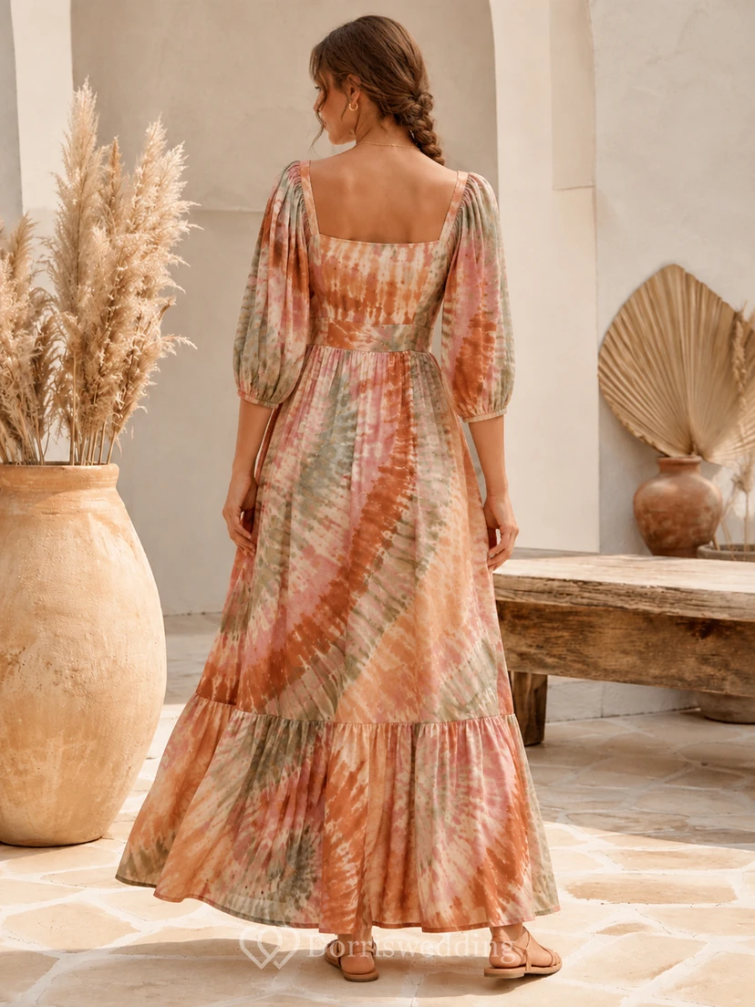 Vestido largo de invitada con escote cuadrado y volantes, estampado tie-dye en tonos tierra view 2