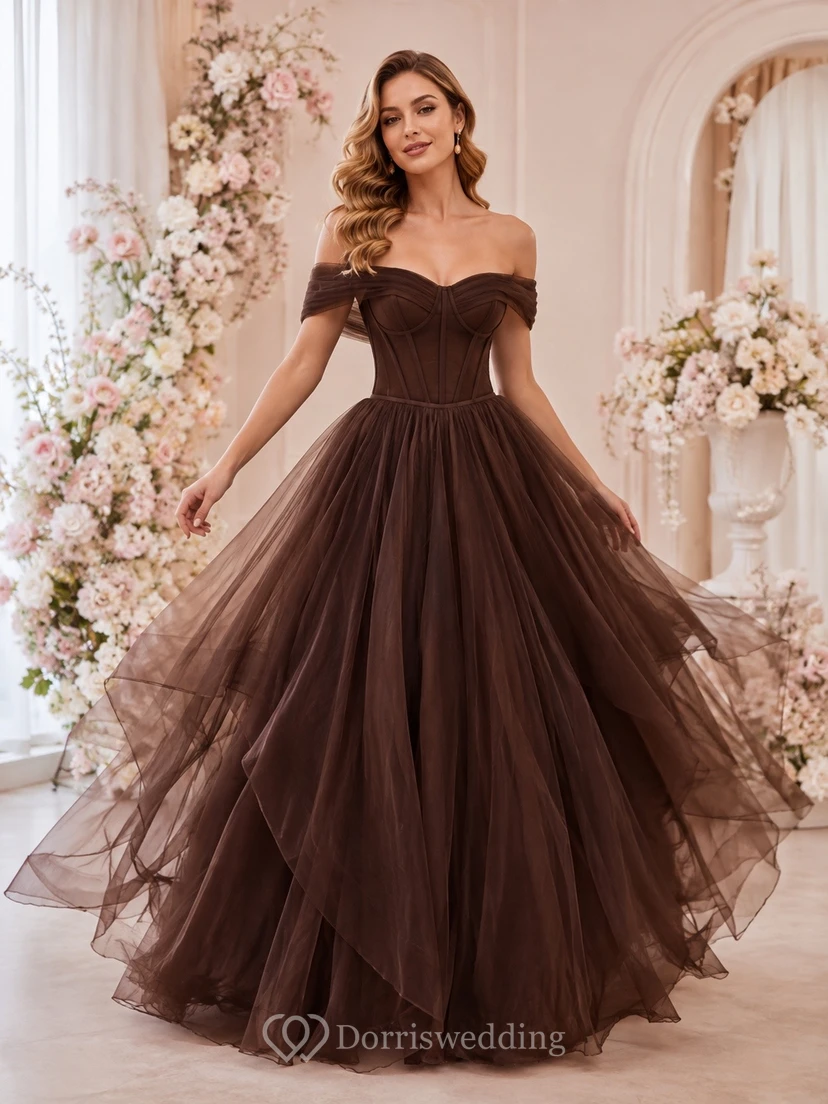 Brown Romantic Luxury Sweetheart Short-Sleeve Tulle Tiered Ball-Gown Floor-Length Formal Dress