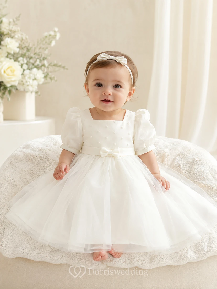 Baby Baptism Christening Ceremony Dress A-Line Knee-Length Square Neck Puff Sleeve Tulle Satin Button Back