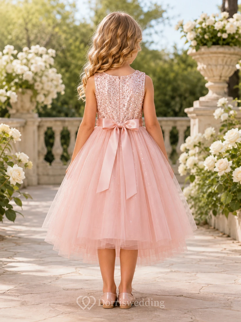 Blush Sequined Tulle Sleeveless A-Line Flower Girl Party Tea-Length Bow Dress view 2