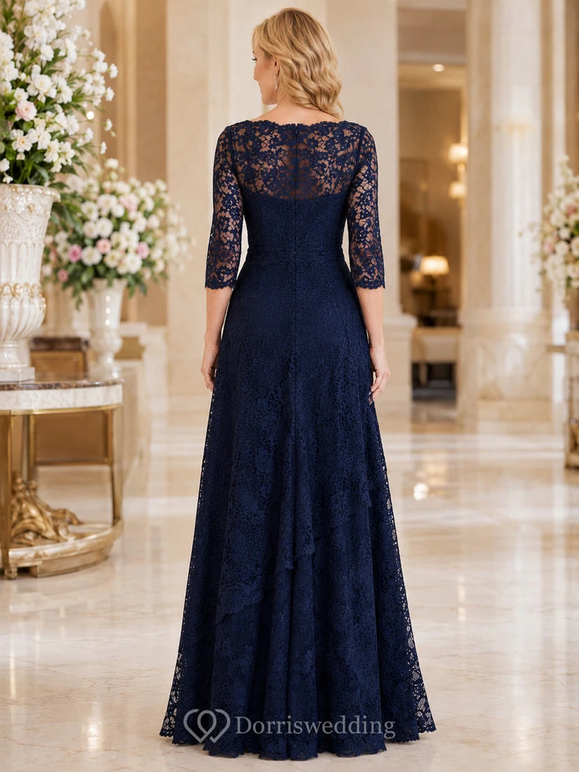 Navy lace illusion long sleeve mermaid mother formal gown view 2