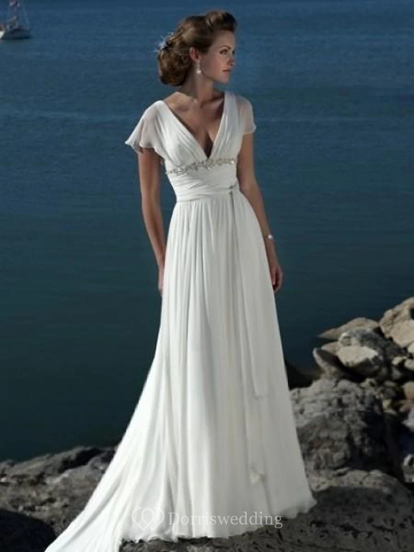 Empire V-neck Court Trains Chiffon Beach Vintage Wedding Dresses for Brides