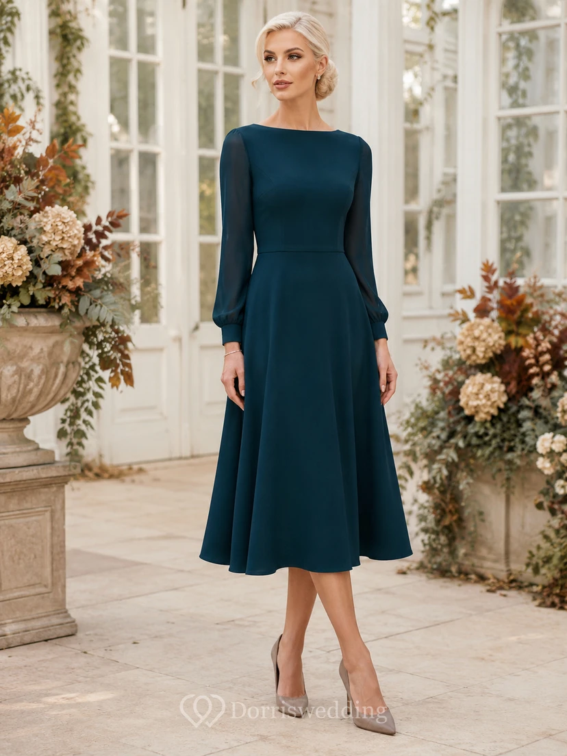 Peacock Bateau Long Sleeve Satin A-Line Tea-Length Wedding Guest Dress