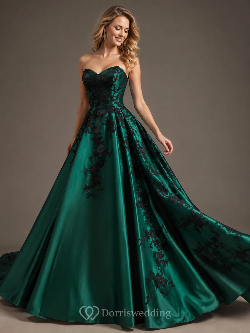 A-Line Floor-Length Sweetheart Appliques Chapel Train Zipper Corset Back Lace Satin Dress view 3