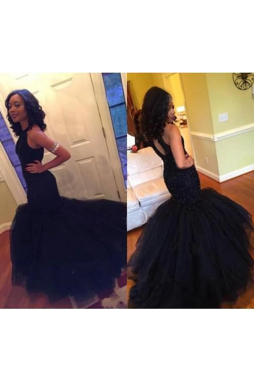 Mermaid Trumpet Lace Tulle High Neck Sleeveless Keyhole Dress view 2