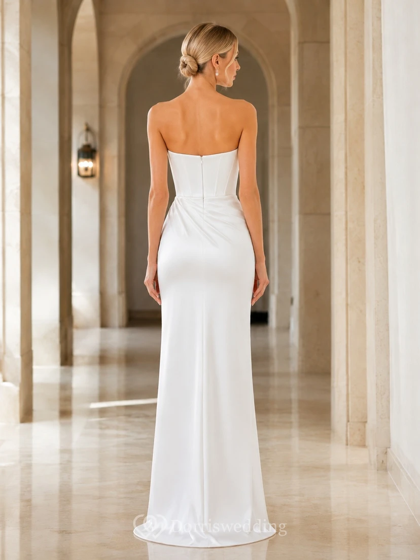 Simple White Sheath Strapless Satin Floor-Length Formal Evening Dress view 2