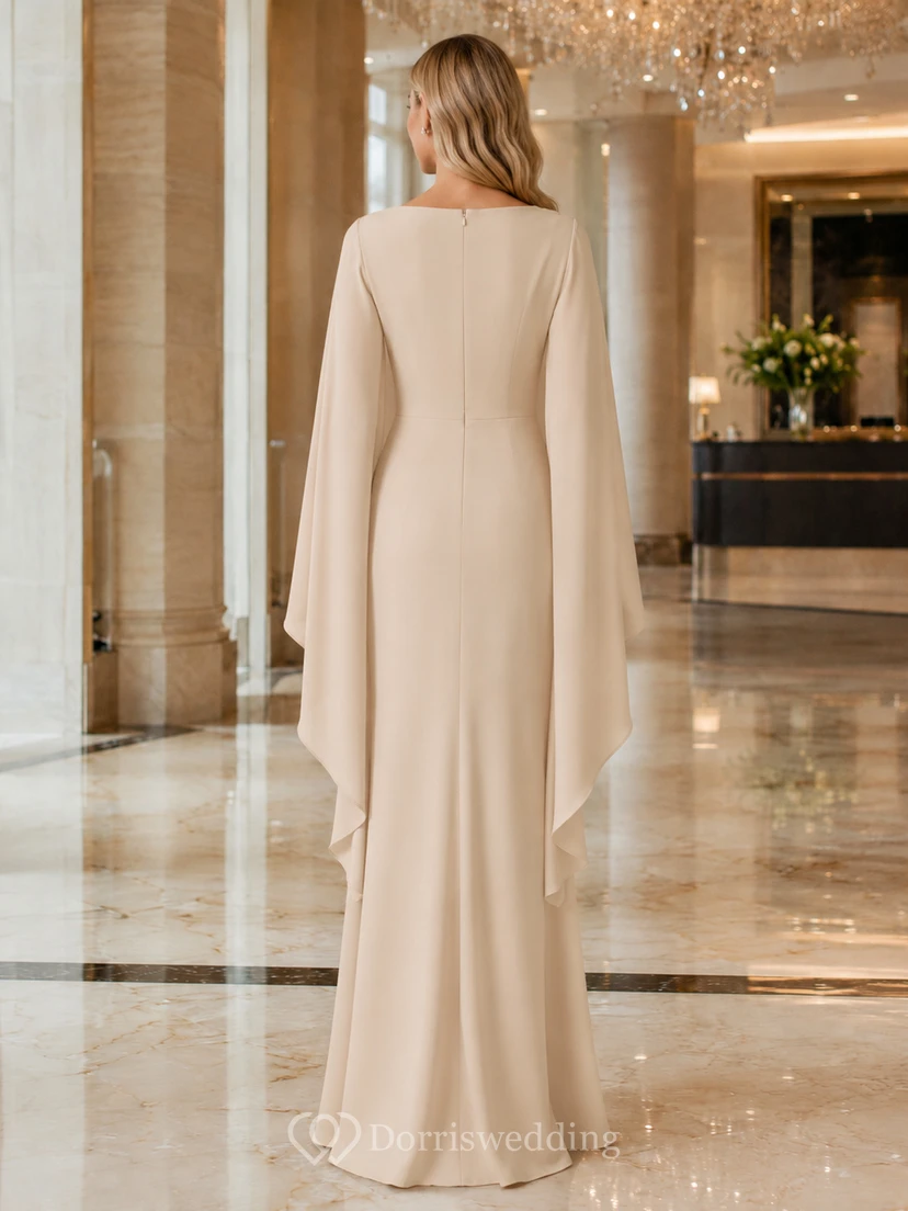 Champagne Bateau Cape Sleeve Sheath Floor Length Evening Gown view 2