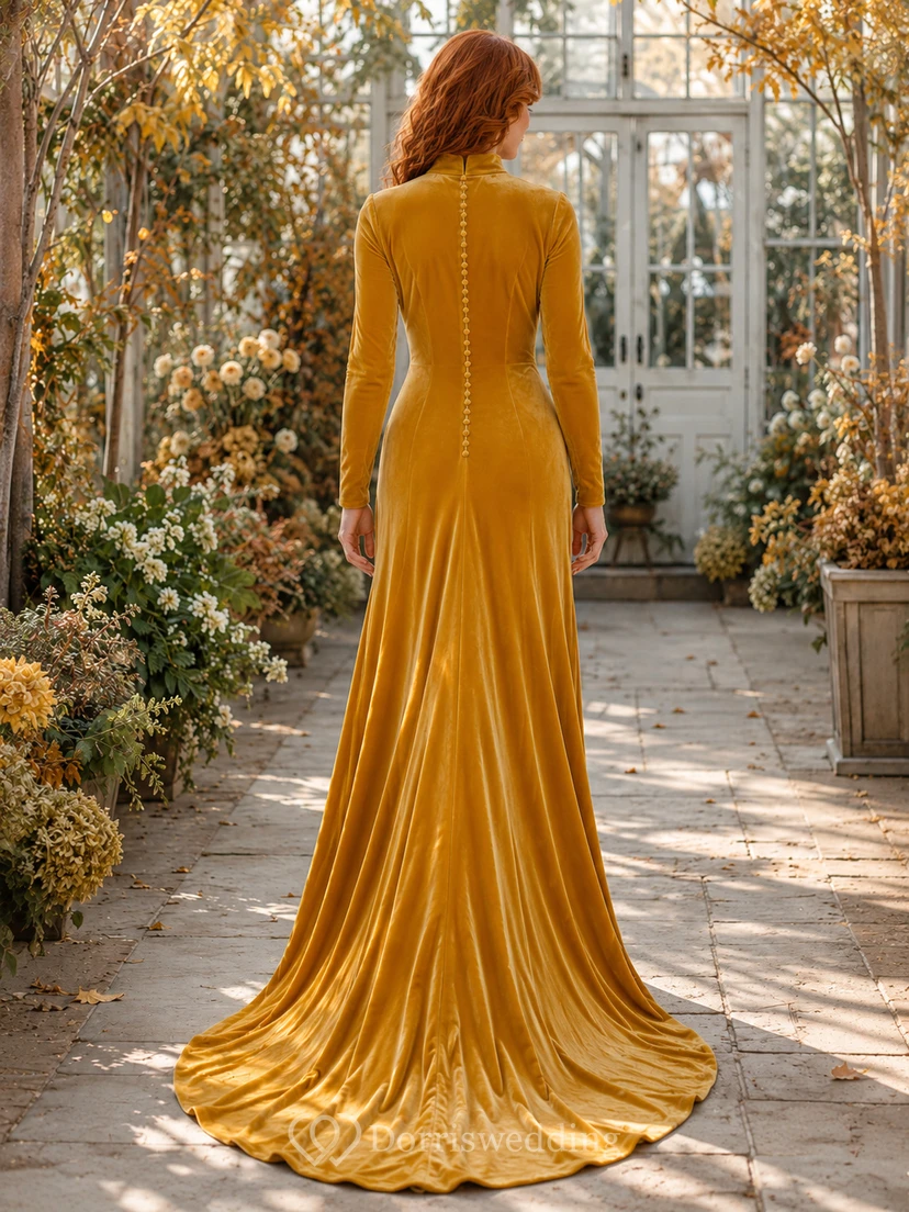 Vestido de novia de terciopelo color oro mostaza, modesto, con cuello joya y mangas largas, estilo sirena, para capilla. view 2