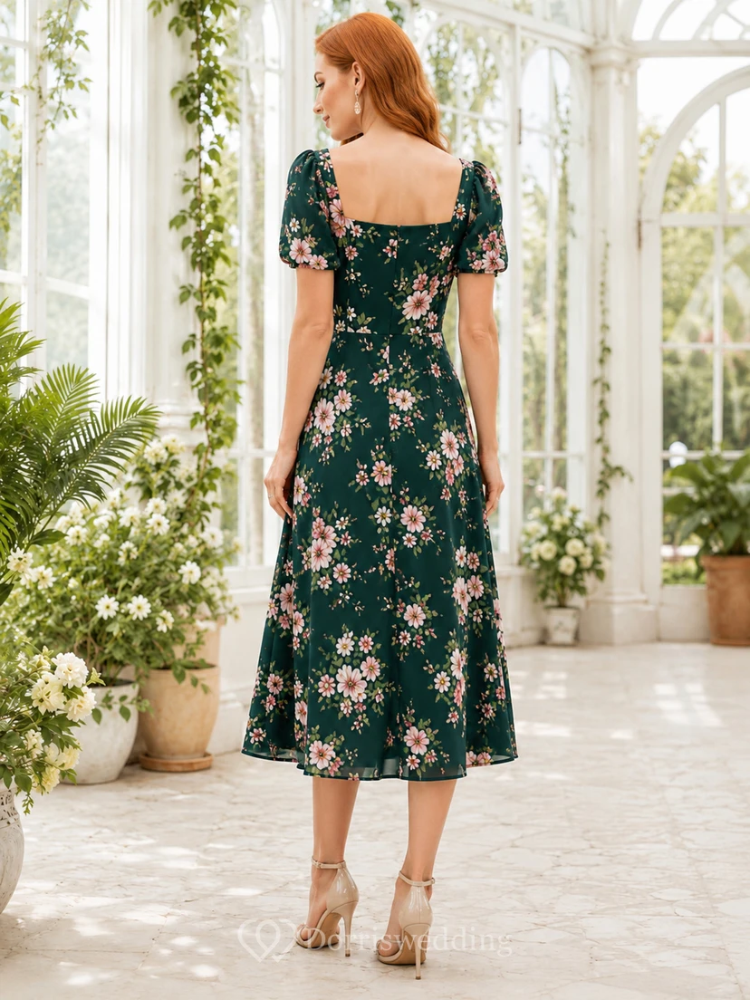 Vestido midi de invitada con cuello cuadrado y mangas abullonadas, estampado floral verde oscuro. view 2