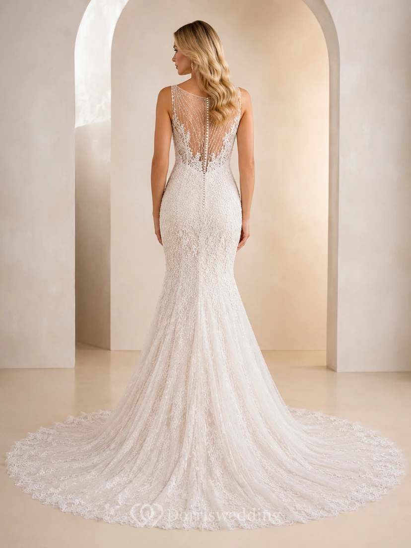 Brautkleid aus Spitze im Meerjungfrauenstil mit Trägern, Schleppe und tiefem V-Ausschnitt am Rücken view 2