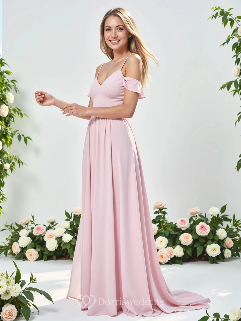 Chiffon Spaghetti Pink Empire Dress with Sweep Train