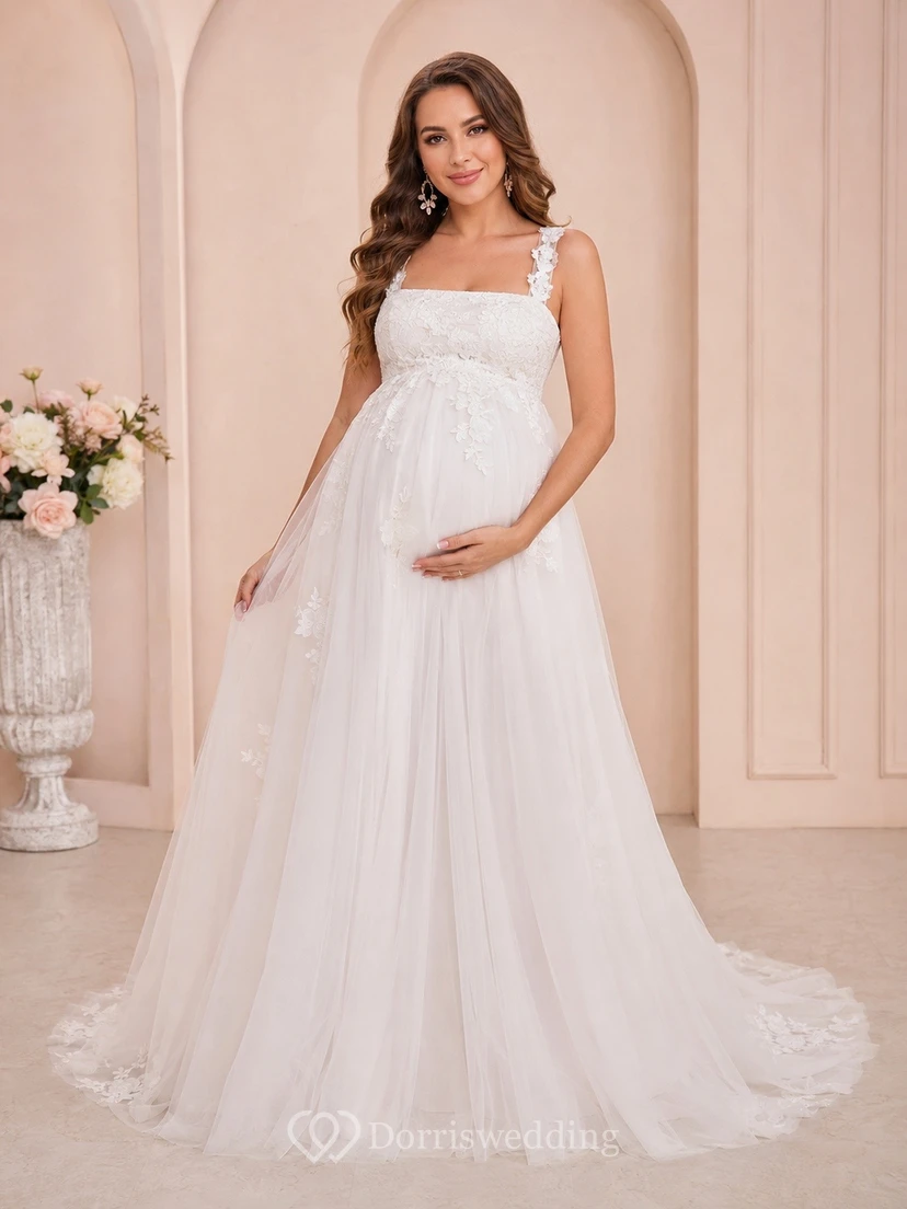 Maternity Empire Square Neck Tulle A-line Sweep Train Formal Gown