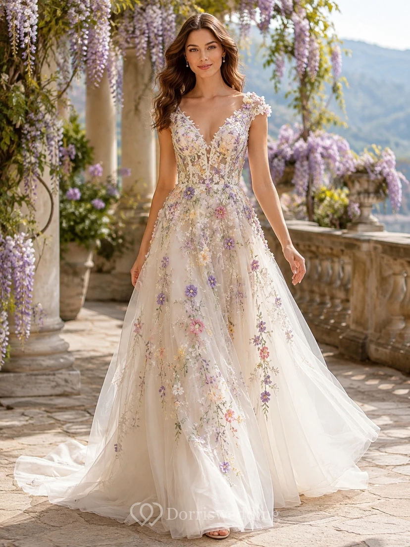 Vestido de novia formal de corte A con escote en V, estilo romántico y lujoso.