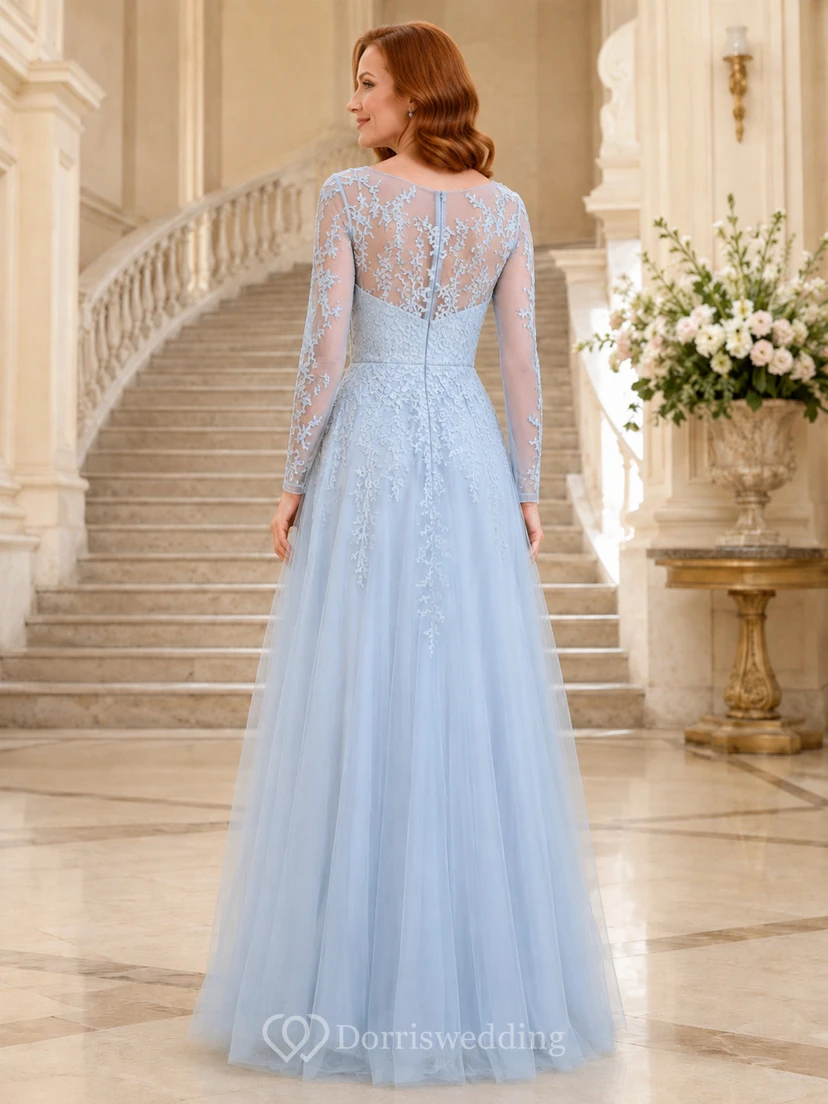 Sky Blue Illusion Lace Tulle A Line Formal Dress view 2