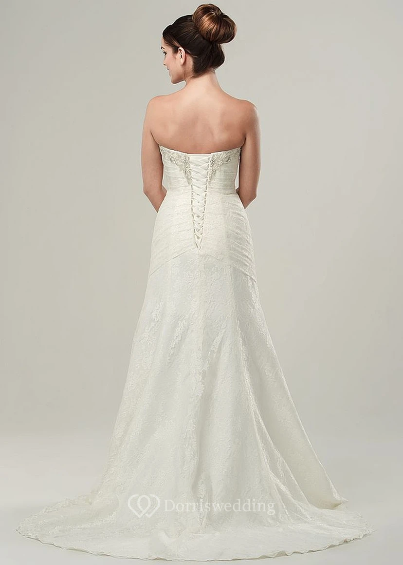A-Line Floor-Length Beaded Sleeveless Strapless Lace Wedding Dress With Side Draping And Appliques view 2