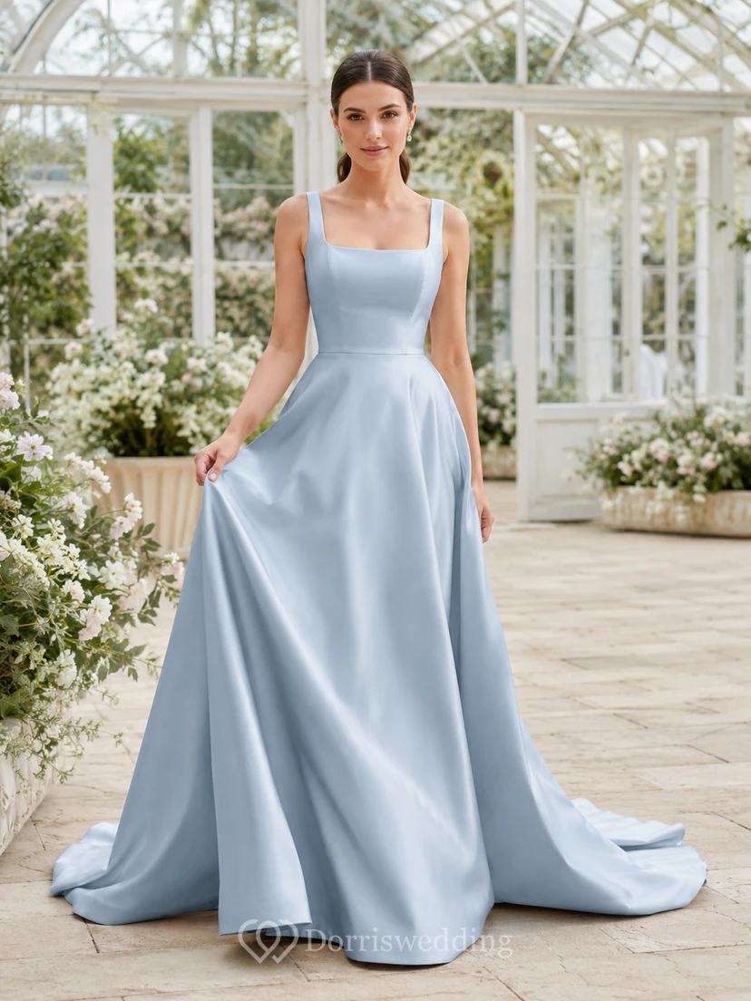Robe de mariée bleu ciel en satin, col carré, sans manches, coupe trapèze, col rond