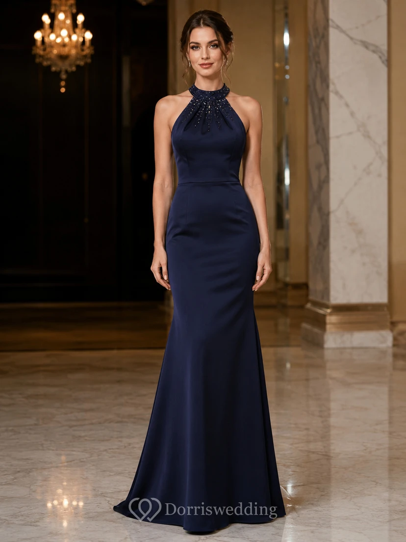 Dark Navy Crystal Halter Mermaid Formal Gown