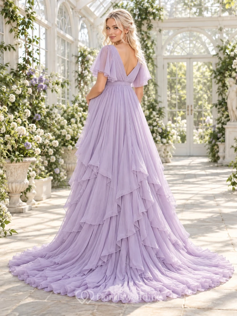 Maternity Lavender Wrap Neck Flutter Sleeve Layered Ruffled Train Gown view 2