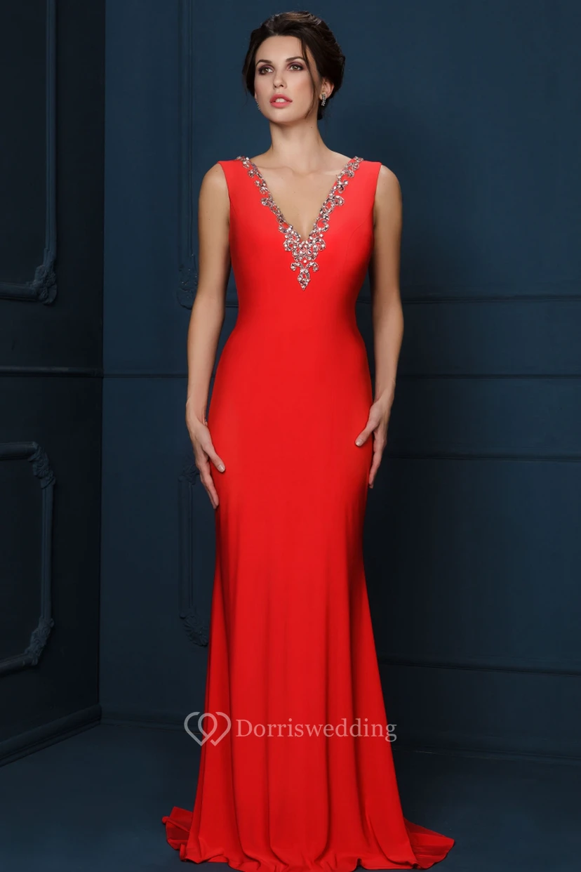 Ärmelloses, figurbetontes Maxi-Abendkleid aus Jersey mit V-Ausschnitt und Perlenbesatz