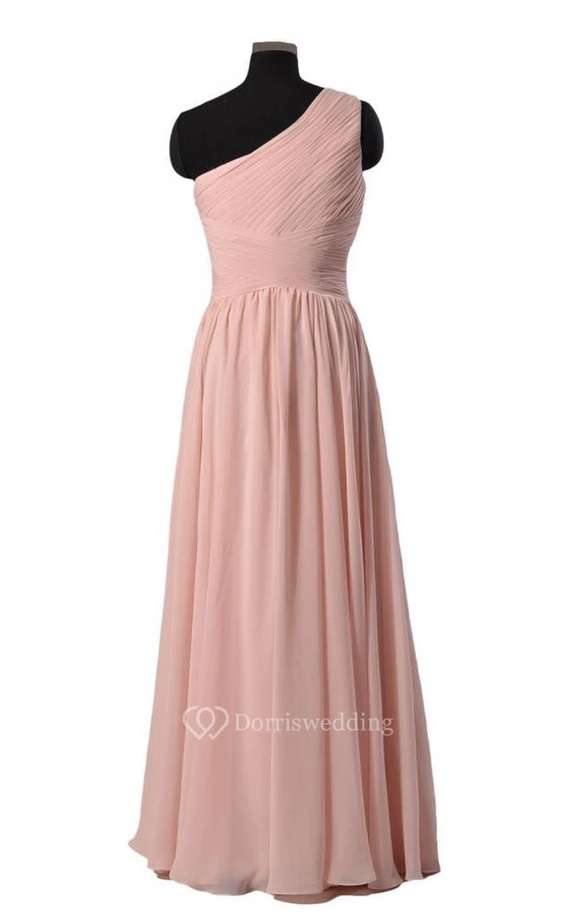 One-shoulder Ruched Bodice Long Pleated Chiffon Dress view 2