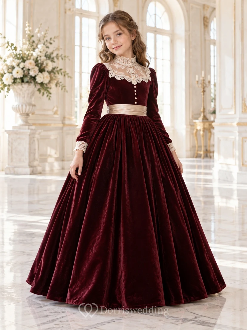 Victorian Long Sleeve Burgundy Velvet Lace Collar Flower Girl Dress