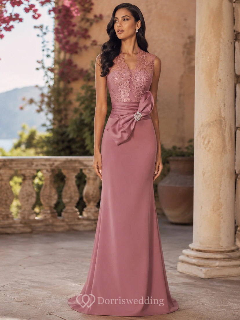 Sheath V-Neck Bowed Floor-Length Sleeveless Jersey&Lace Prom Dress With Appliques view 7