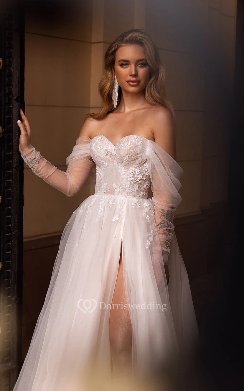 Adorable Off-the-shoulder Tulle Sweetheart Front Split A-line Ball Gown Lace Wedding Dress with Applique view 3
