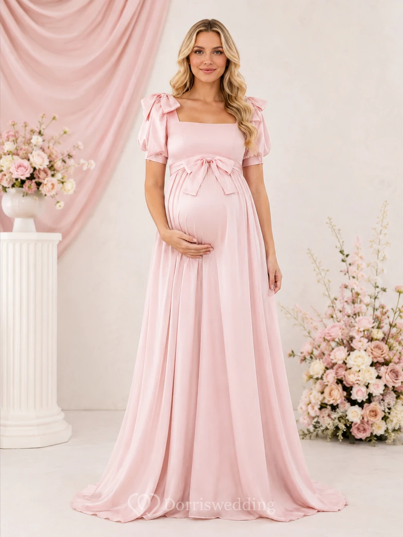 Rosa Umstandskleid aus Satin mit eckigem Ausschnitt, Puffärmeln, Schleife, A-Linie und Schleppe