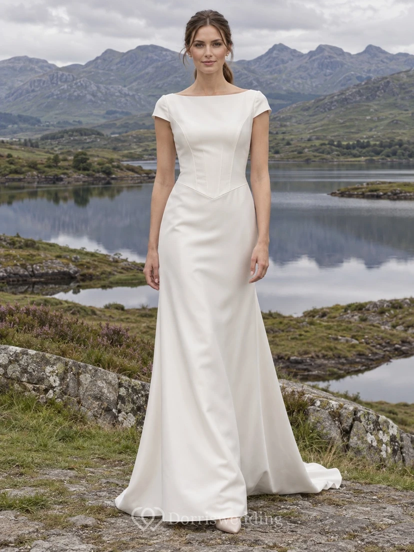 Vestido de novia sencillo de satén de algodón con escote barco, manga corta y cola.