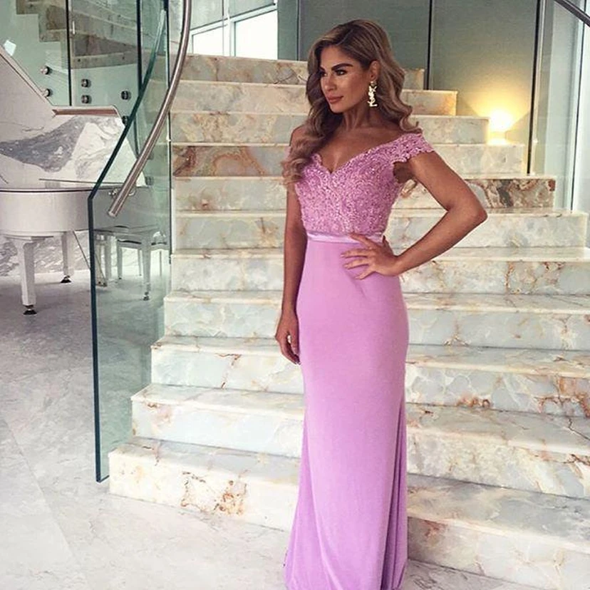 Elegant Lace Appliques Mermaid Prom Dress Off-the-shoulder Sweep Train view 3