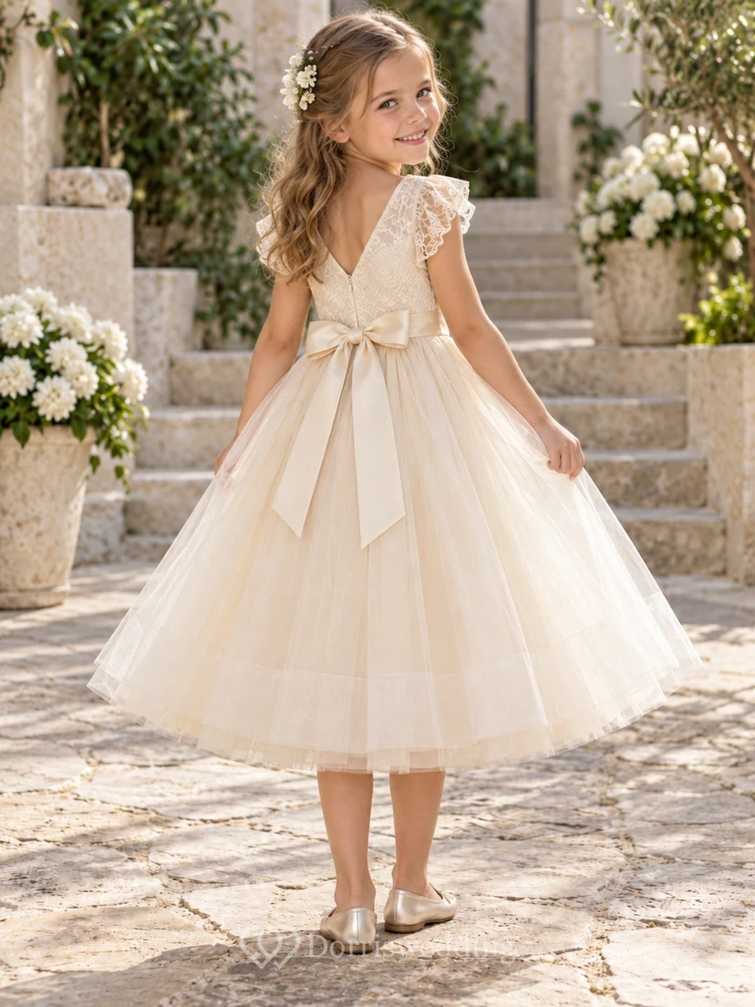 Tea-length Ivory Floral A-line Tulle Flutter-sleeve Lace-bodice Bow-back Flower Girl Dress view 2
