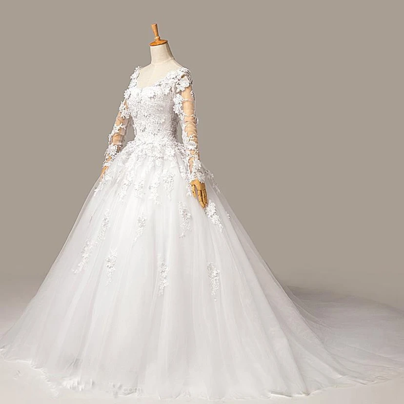 Gorgeous Long Sleeve Appliques Tulle Wedding Dresses Ball Gown Lace-up view 4