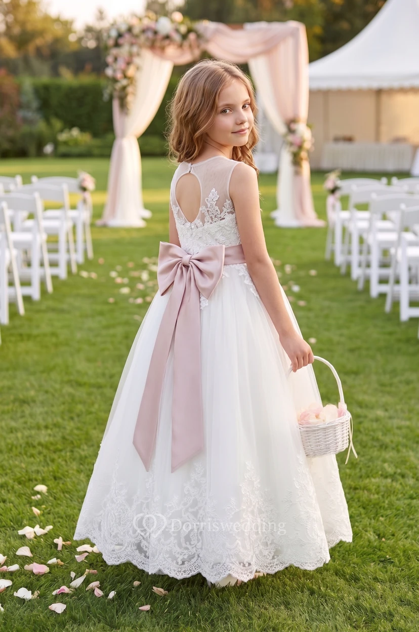 Illusion Neckline Sleeveless A-line Pleated Lace Long Dress With Keyhole and Bows view 2