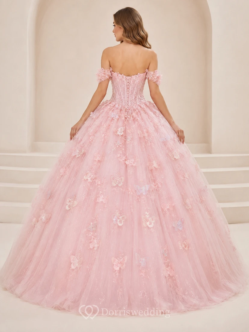 Blushing Pink Luxury Off Shoulder Three Dimensional Butterfly Quinceanera Princess Ball Gown view 2