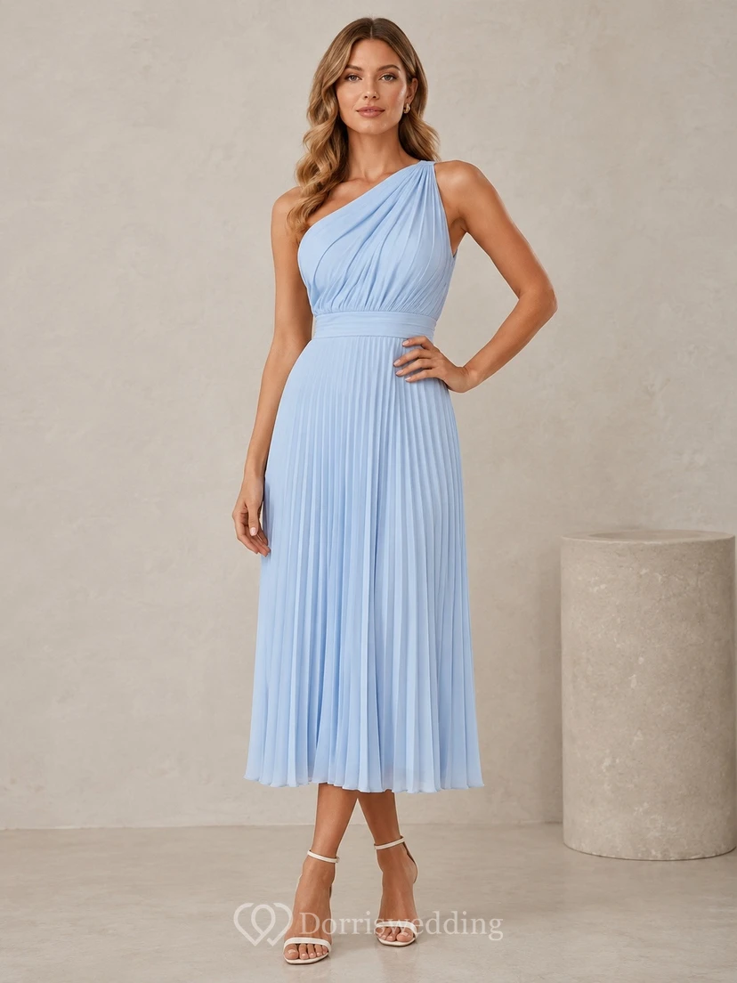 Himmelblaues, plissiertes Chiffon-Halterkleid, ärmellos, A-Linie, Midi-Länge