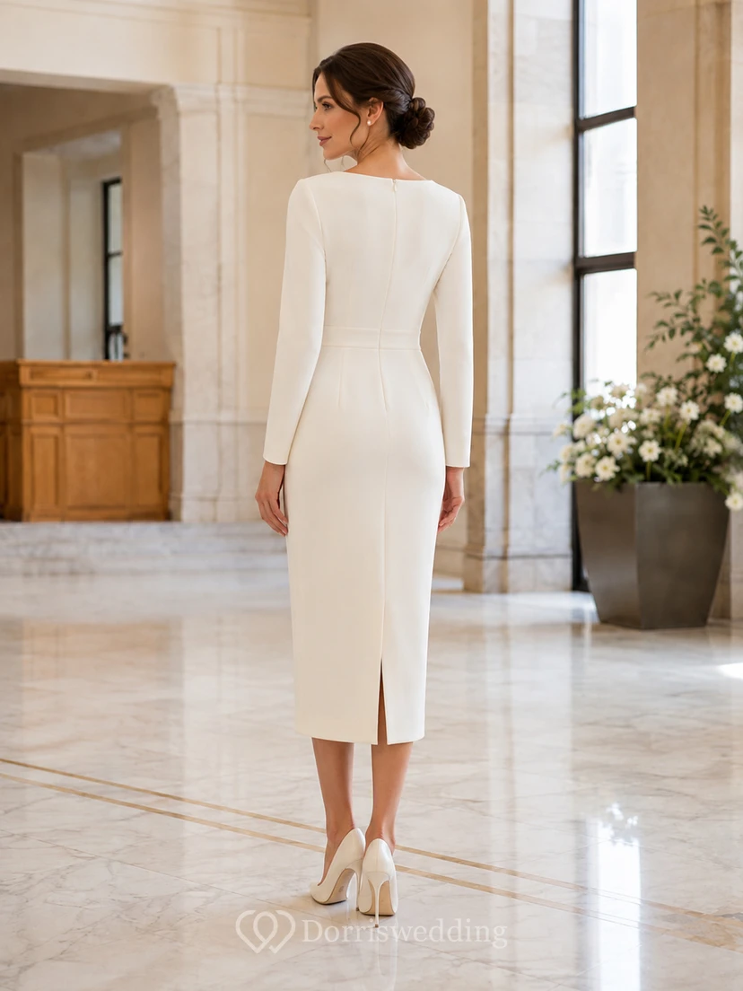 Robe de mariée civile simple, fourreau en satin à manches longues et col carré, longueur midi, dos fendu, à manches longues et col rond. view 2
