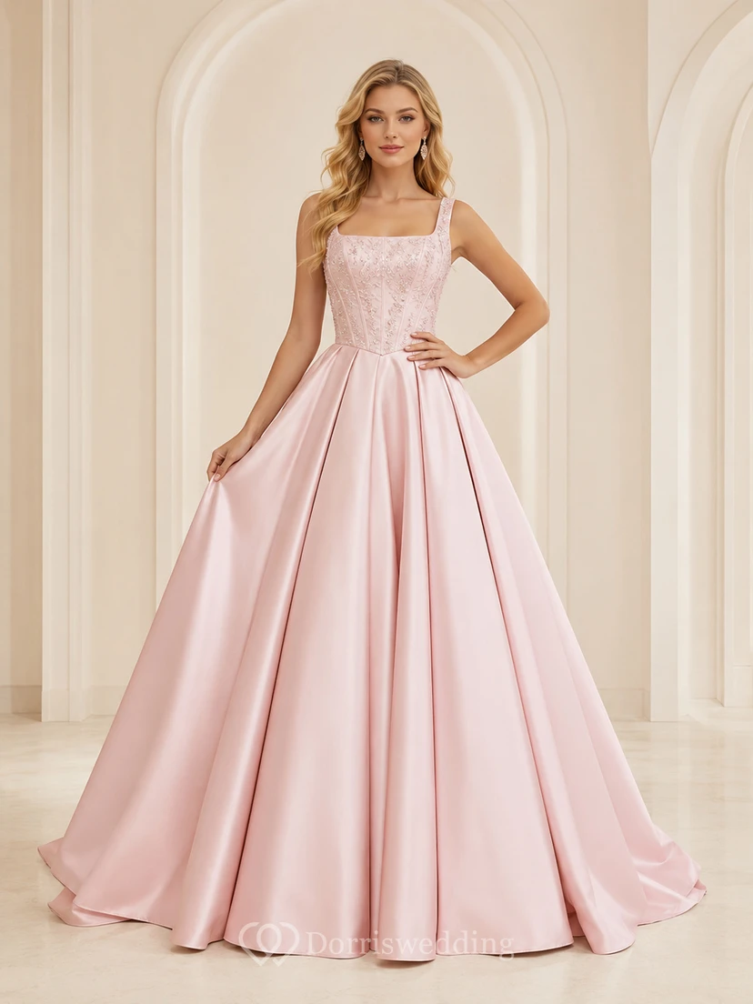Blushing Pink Simple Square Neck Straps Satin Lace Sweet Sixteen Princess Ball Gown