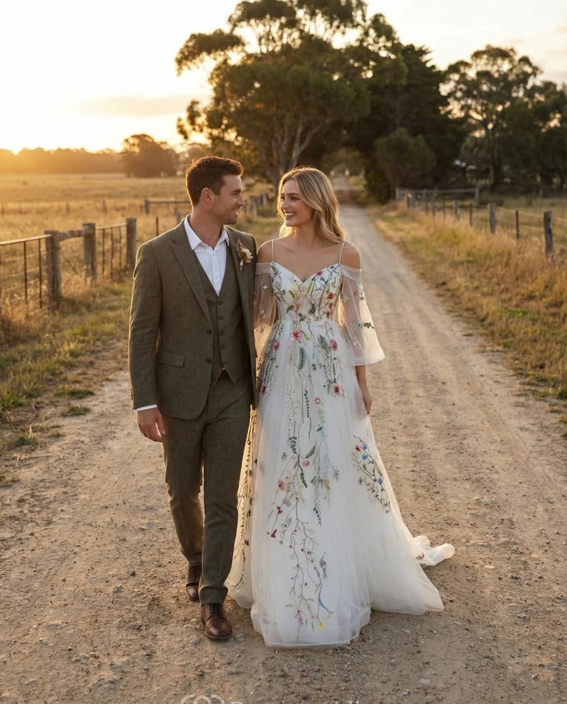Ätherisches Brautkleid aus Tüll mit Wildblumenstickerei und schulterfreien Ärmeln video preview