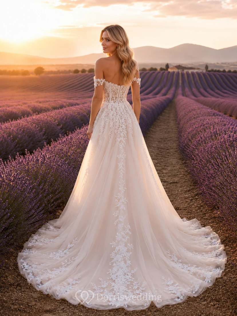 Lace Wedding Dress A-Line Off Shoulder Sweep Train Low V Back Bridal Gown view 2