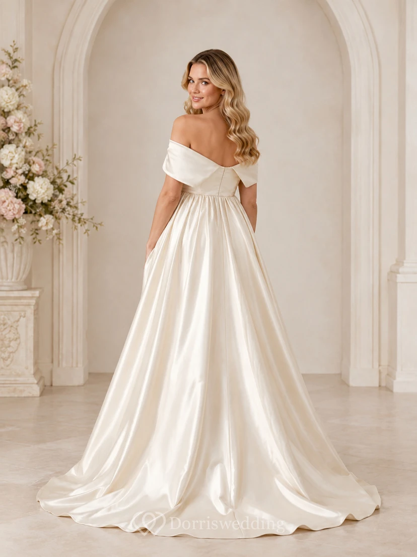 Ivory Maternity Ball Gown Floor-Length Off-Shoulder Short-Sleeve Satin Romantic Dress view 2