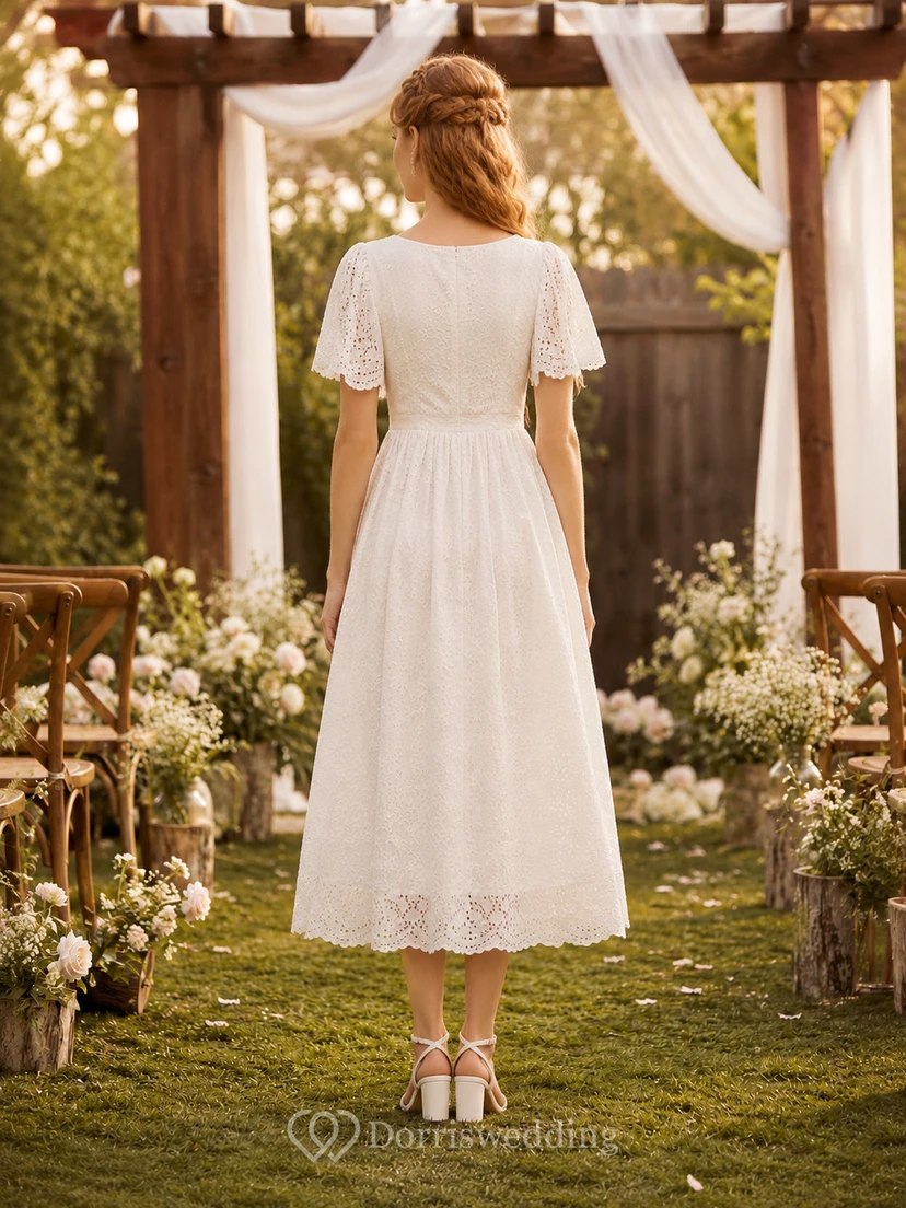 Vestido de novia modesto de manga corta con ojales y largo hasta la rodilla, estilo Backyard view 2
