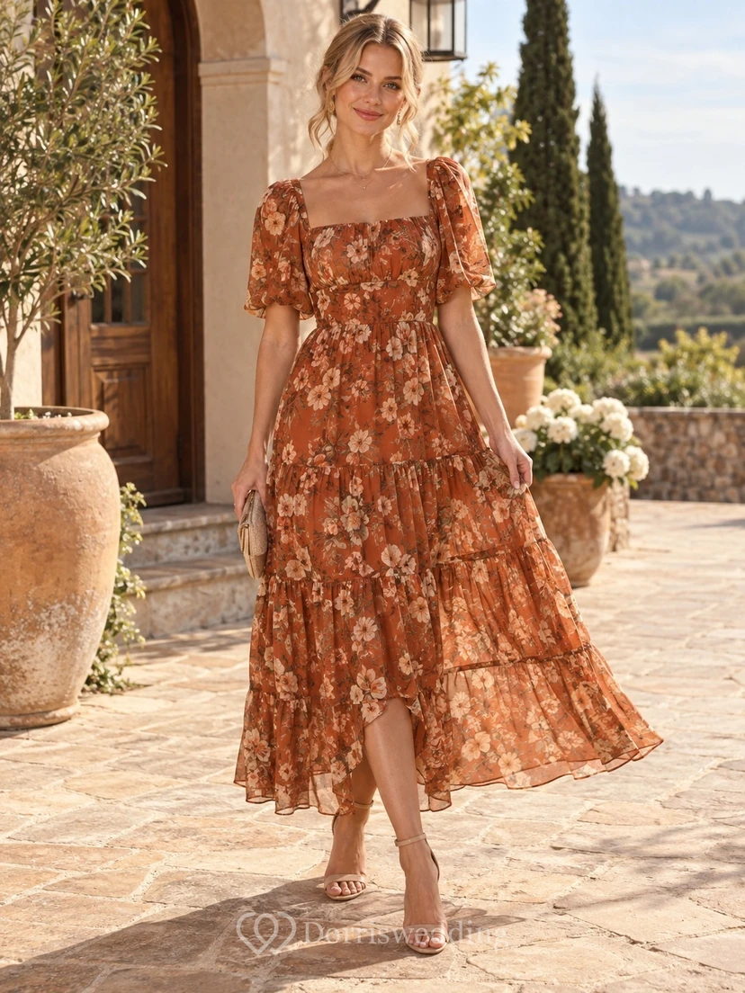 Persimmon Floral Print Square-Neck Puff Sleeve Tea-Length Chiffon Guest Dress view 2