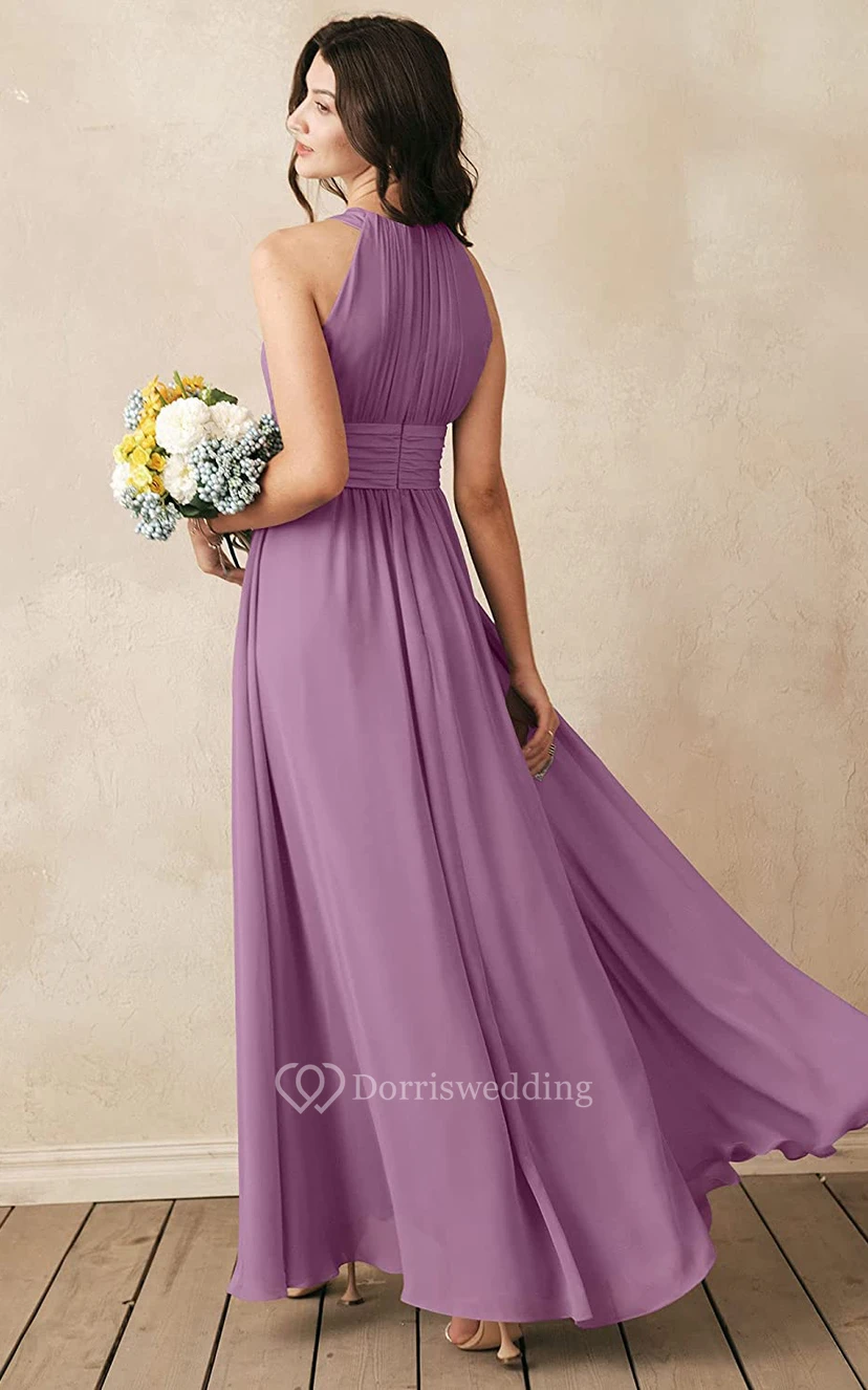 Halter A Line Sleeveless Ankle-length Chiffon Bridesmaid Dress With Ruching view 16