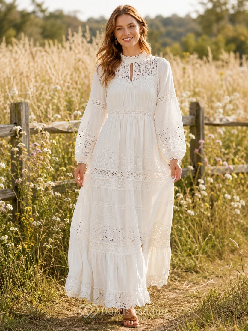 Subtle Modest Chiffon Lace High Neck Long Sleeve A-Line Floor-Length Bohemian Dress