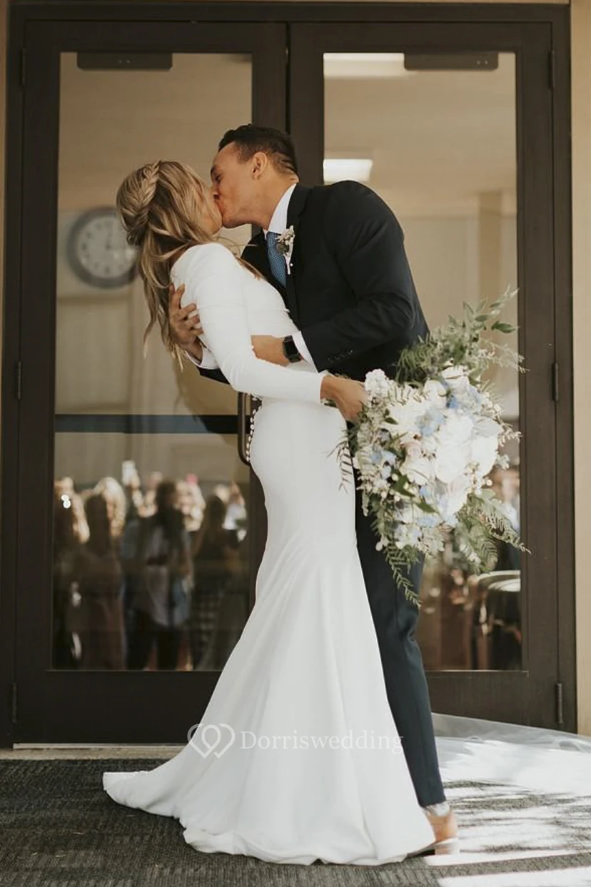 Modest Long Sleeve White Wedding Dress | Simple Formal Temple Lds Bridal Gown view 5