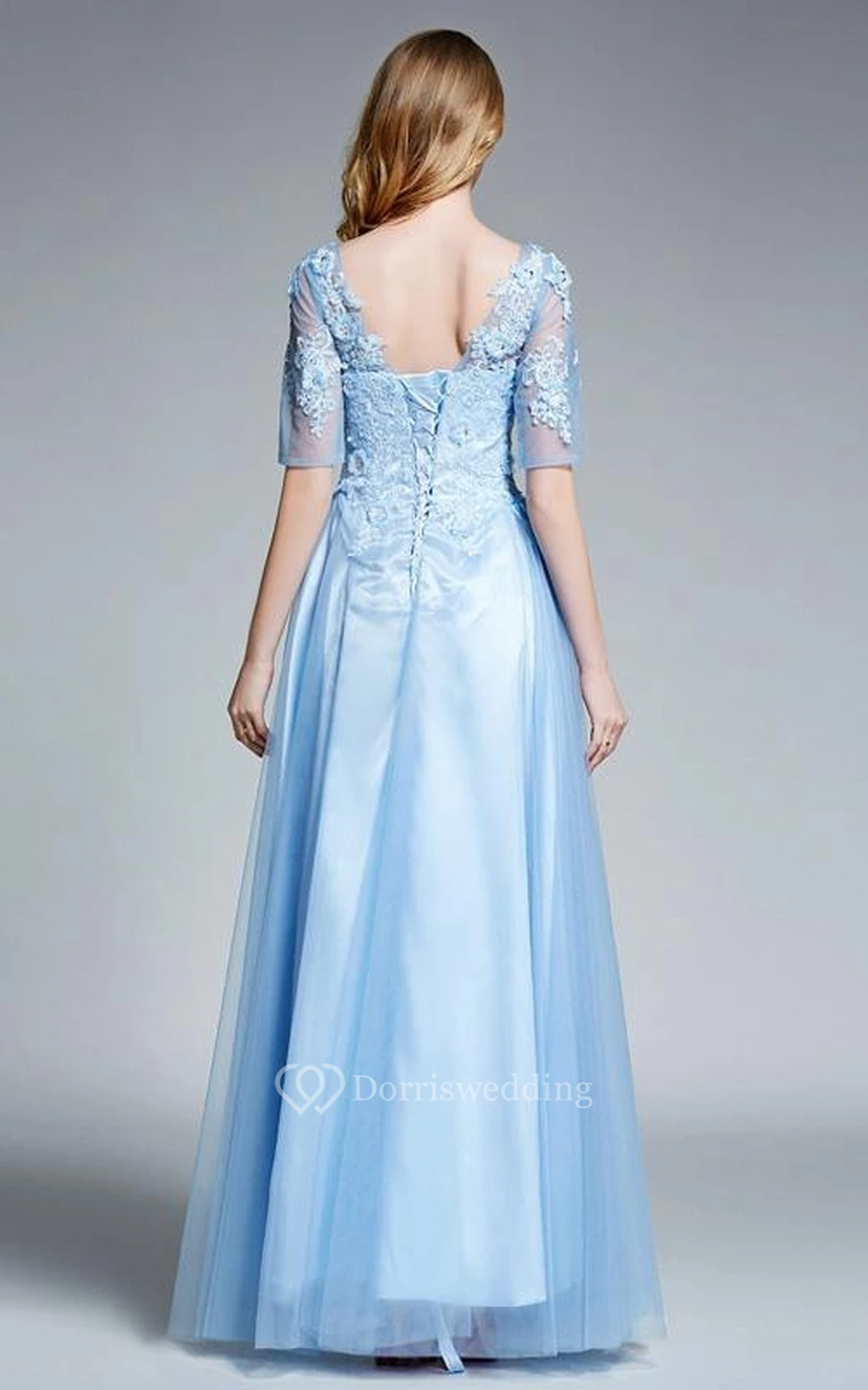 A-Line V-Neck Half Sleeves Appliques Beading Prom Dress view 2