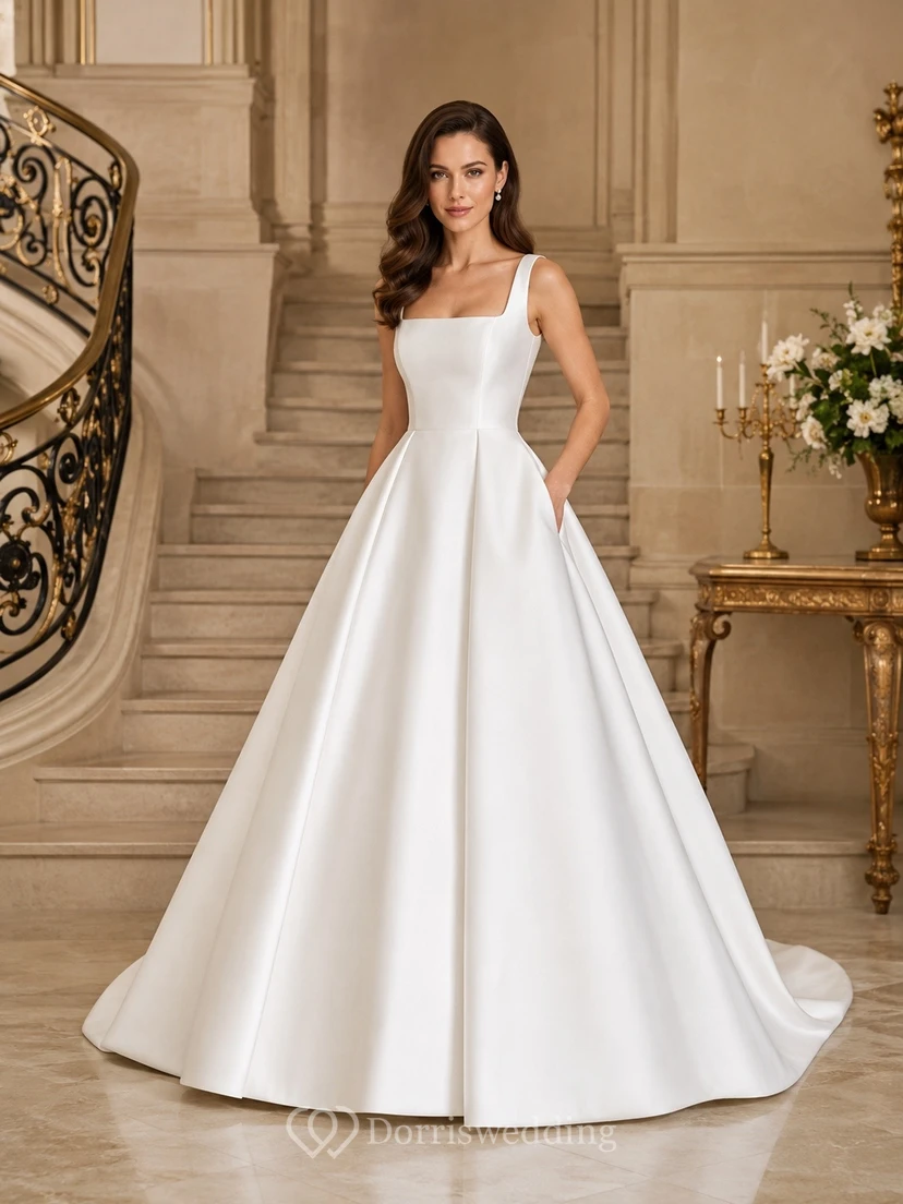 Elegant Square Neck Sleeveless Satin A-Line Cathedral Train Bridal Gown